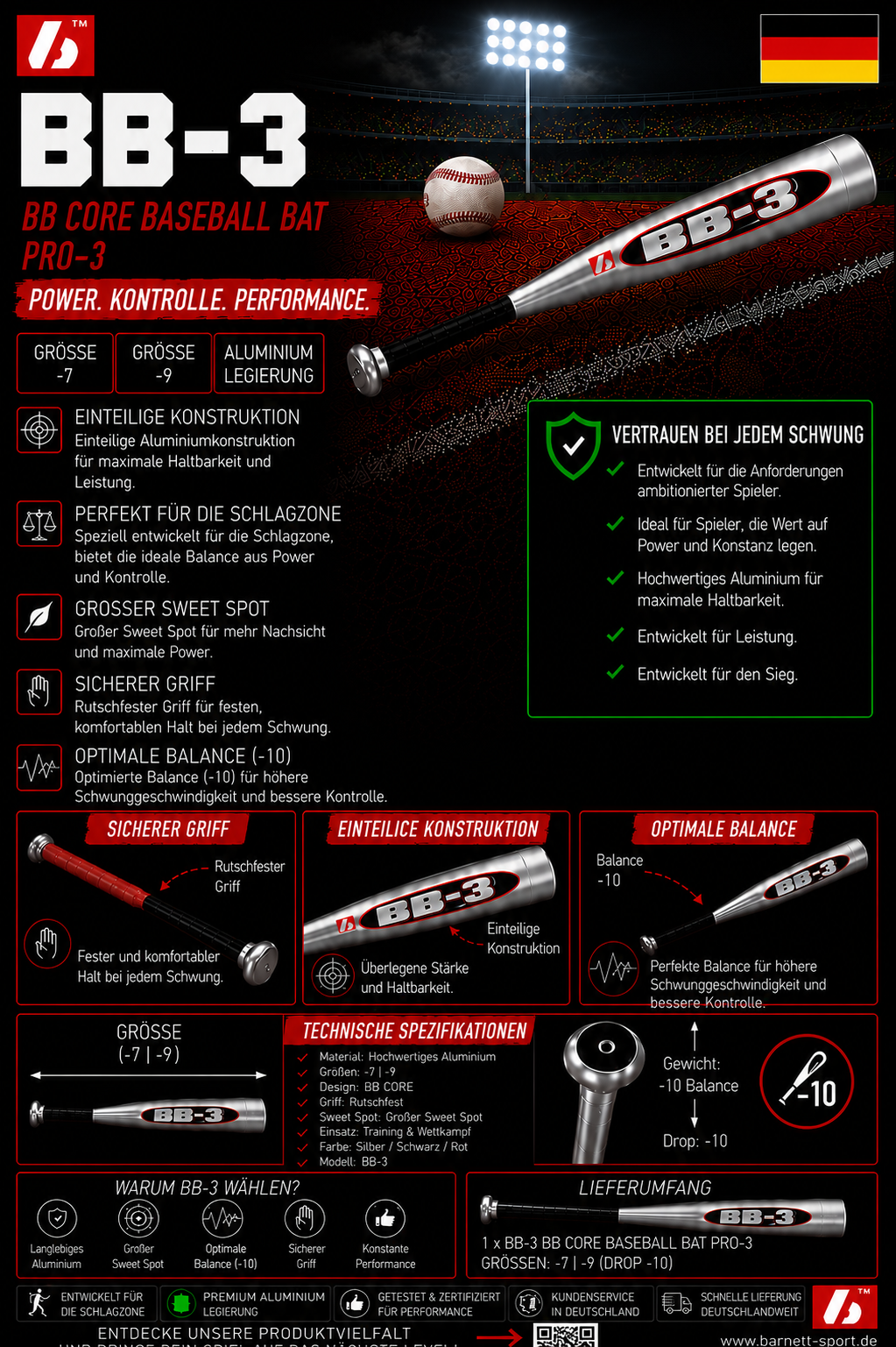 BB-3 BB CORE Alu Baseballschläger, Profi, X830, Farbe schwarz