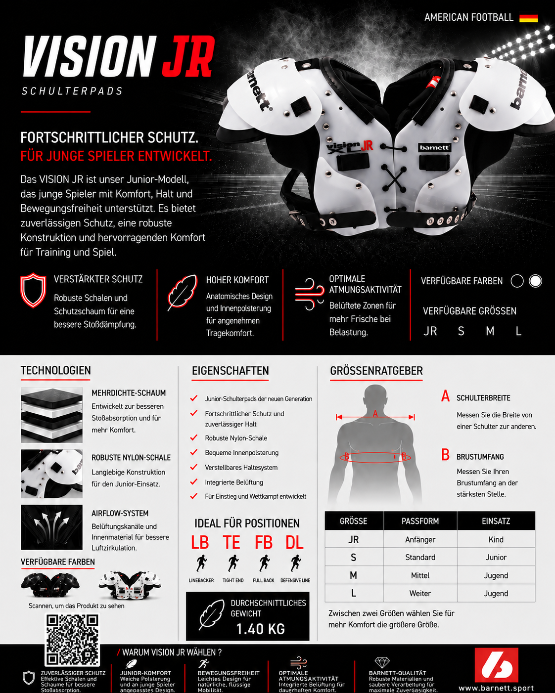 VISION JR junior American Football Schulterschutz, Junior/Jugend