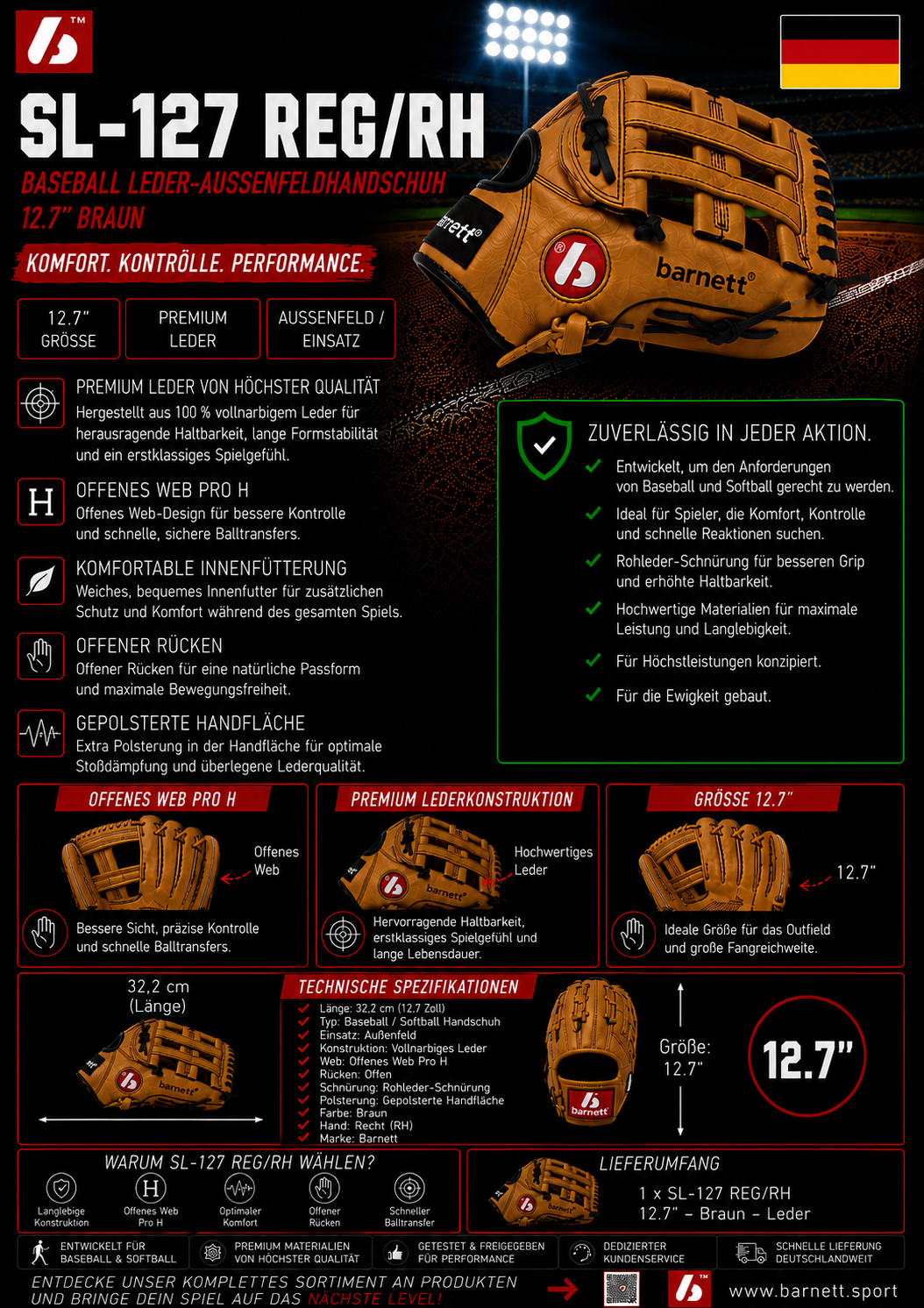 Rękawice baseballowe SL-127, skóra świńska, do gry w polu, rozmiar 12,7 cala