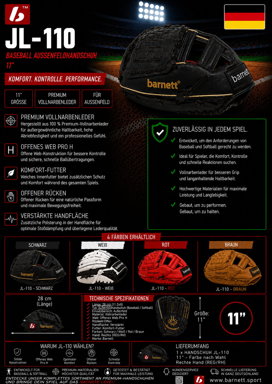 JL-110 Baseball Handschuh, Polyurethan, Infield, TAN 11