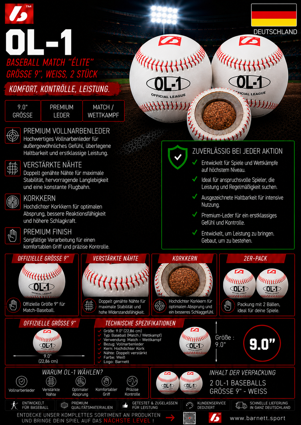 OL-1 Baseball Ball Wettkampf, Größe 9" (inch), Farbe weiß, 12 Stück (1 Dutzend)