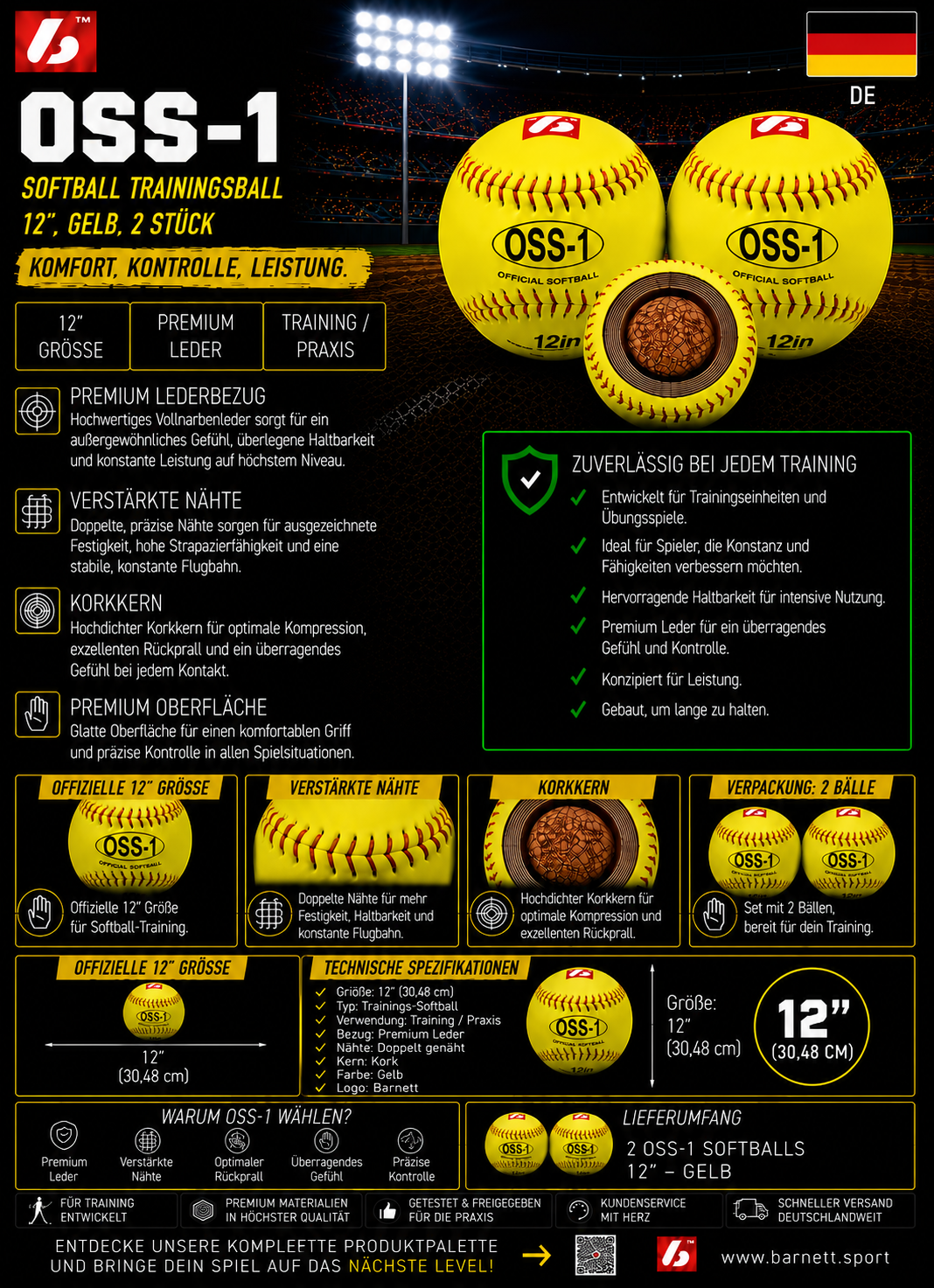 OSS-1 Softball Ball Training, Größe 12", Farbe fluo gelb, 12 Stück (1 Dutzend)