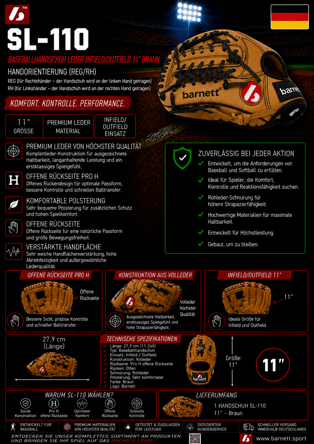 SL-110 Baseball Handschuh, Schweinsleder, infield/outfield, Größe 11 (inch)