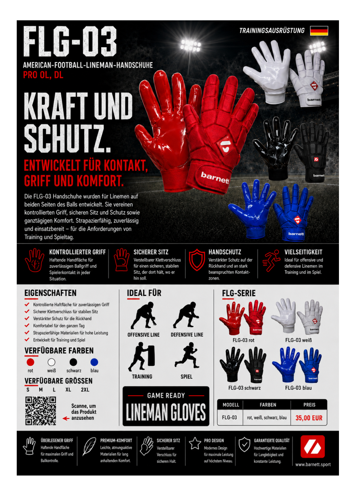 FLG-03 Pro Linemen American Football Handschuhe, OL,DL, Blau