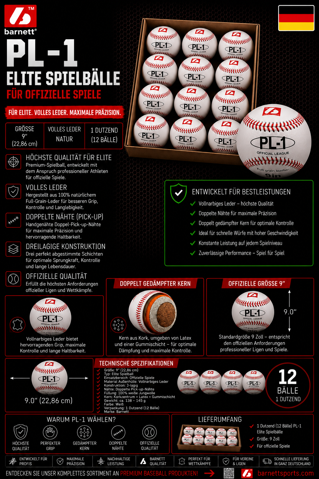 PL-1 Baseball Ball Match Elite, Wettkampf Profi, Größe 9" (inch), Farbe weiß, 2 Stück