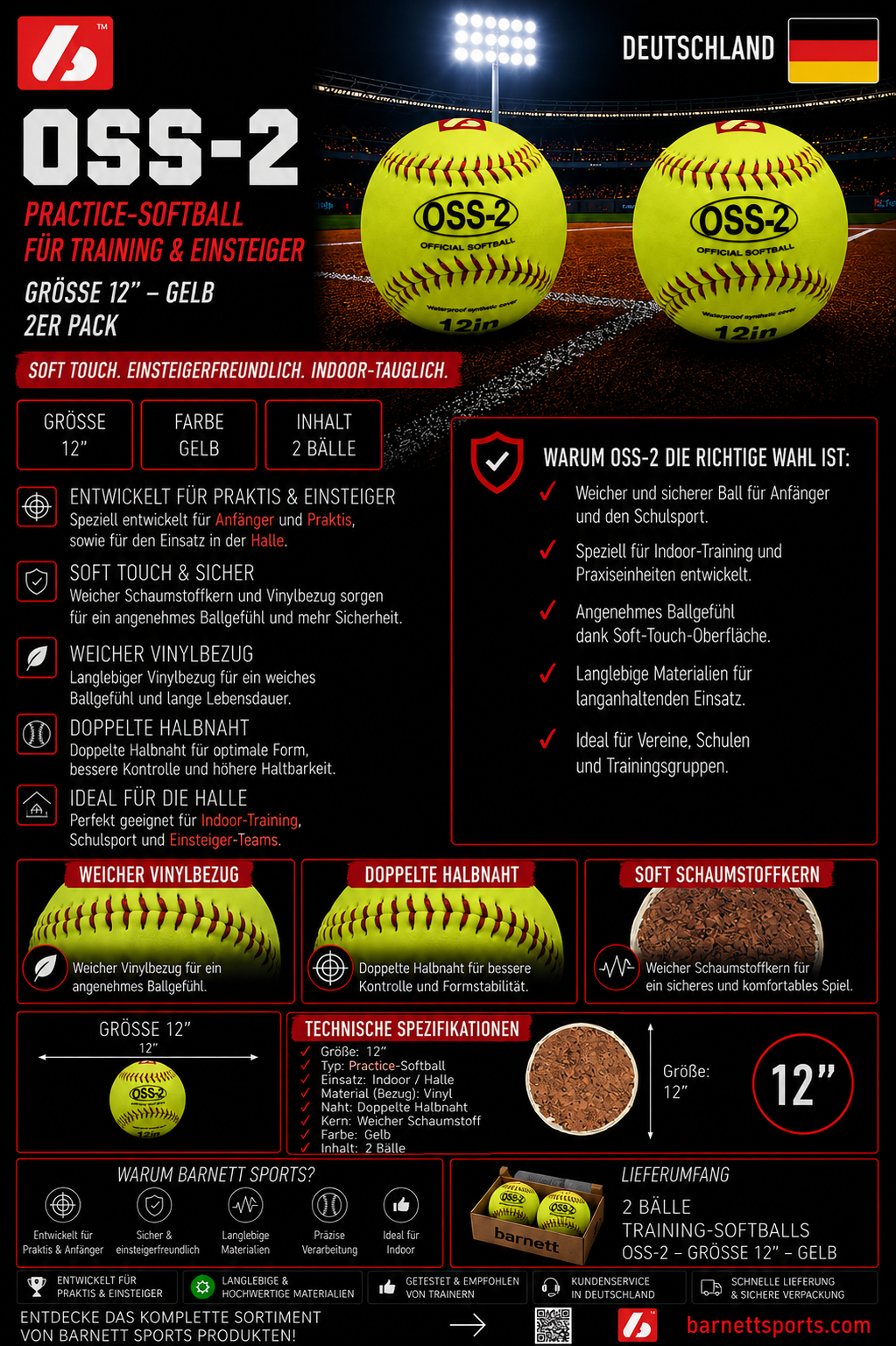 OSS-2 Softball Ball Anfänger, Einsteiger, Größe 12", Farbe gelb, 12 Stück (1 Dutzend)