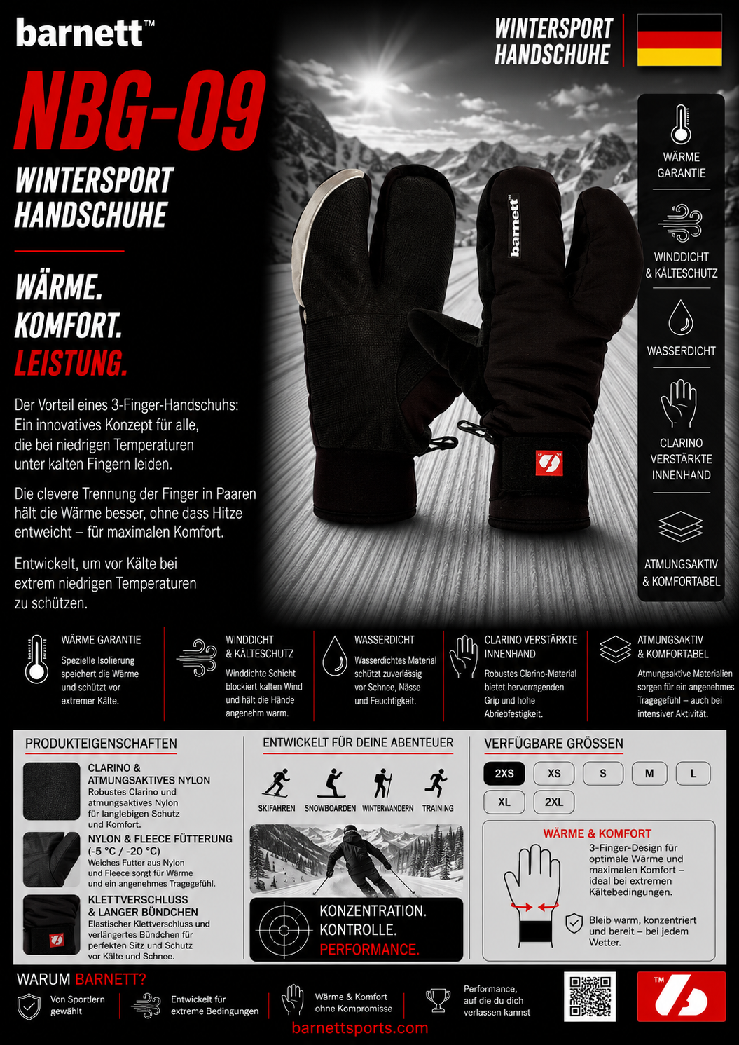 NBG-09 Softshell Skihandschuhe, Fäustlinge mit 3 Fingern, für Temperaturen zwischen -5° und -20°C