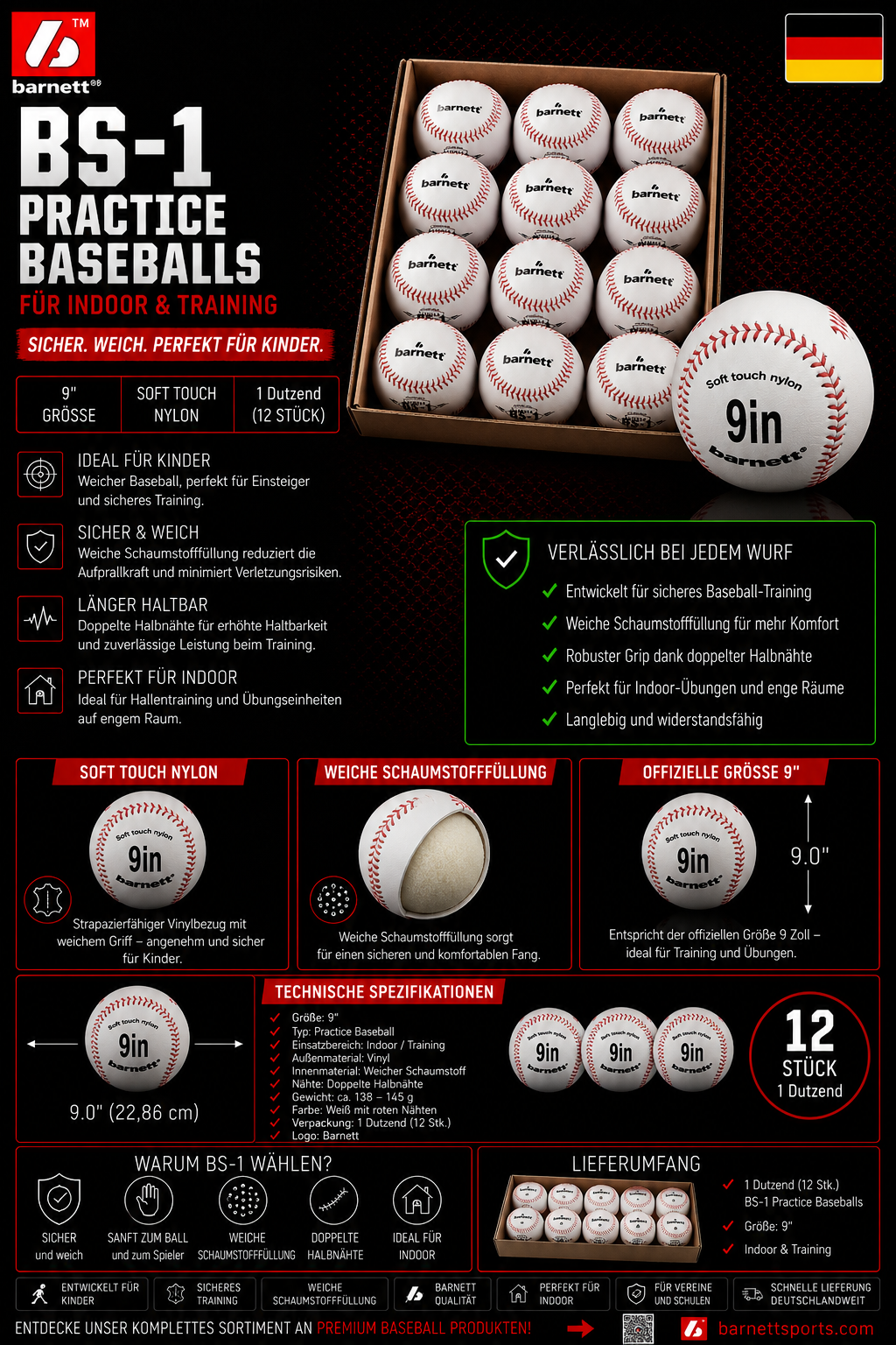 BS-1 Baseball Ball Anfänger Baseball, Softtouch, Größe 9" (inch), Farbe weiß, 12 Stück (1 Dutzend)