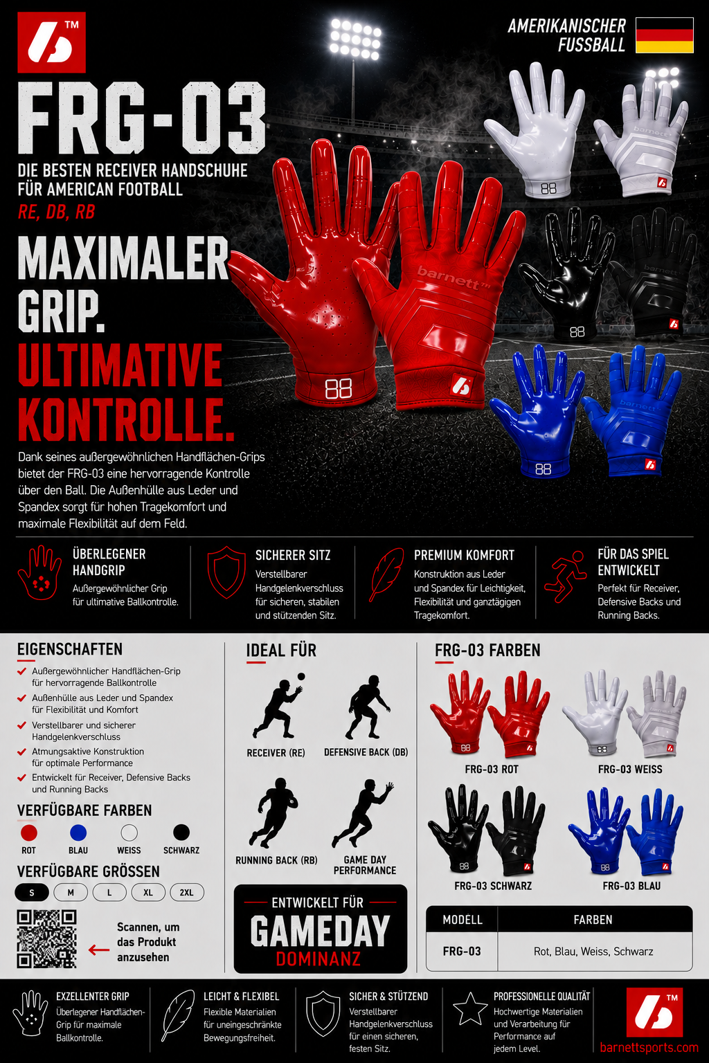 FRG-03 American Football Handschuhe Empfänger Receiver Profi, RE,DB,RB, Rot