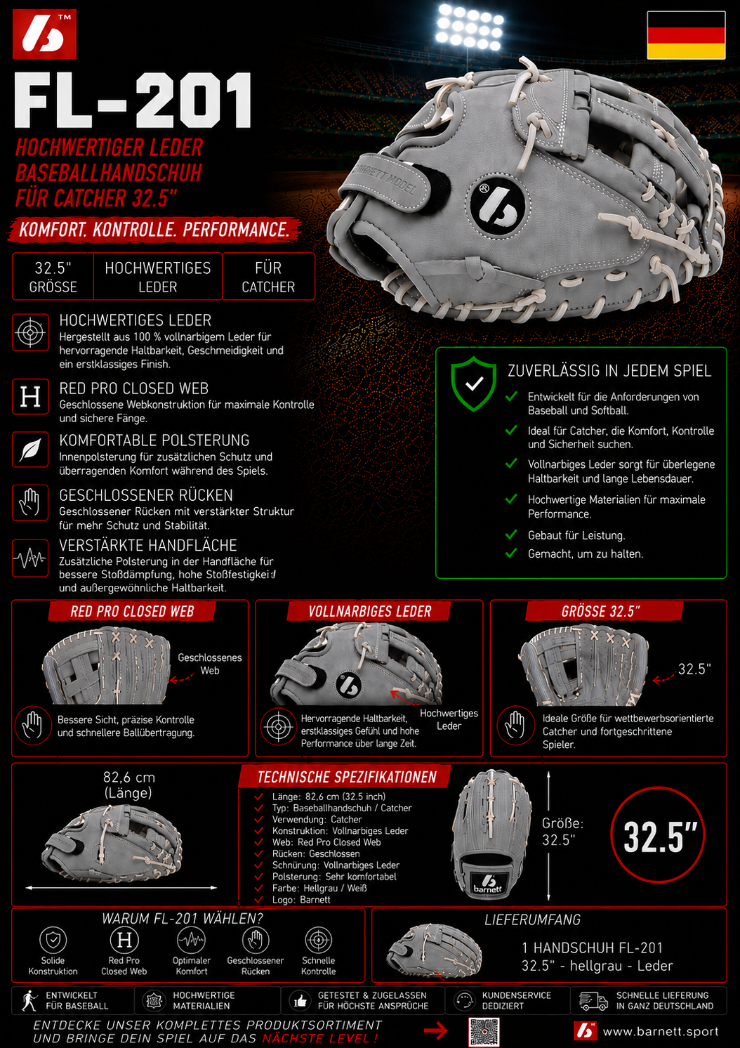 FL-201 Hochwertiger Leder Baseballhandschuh Infield / Outfield / Pitcher, grau