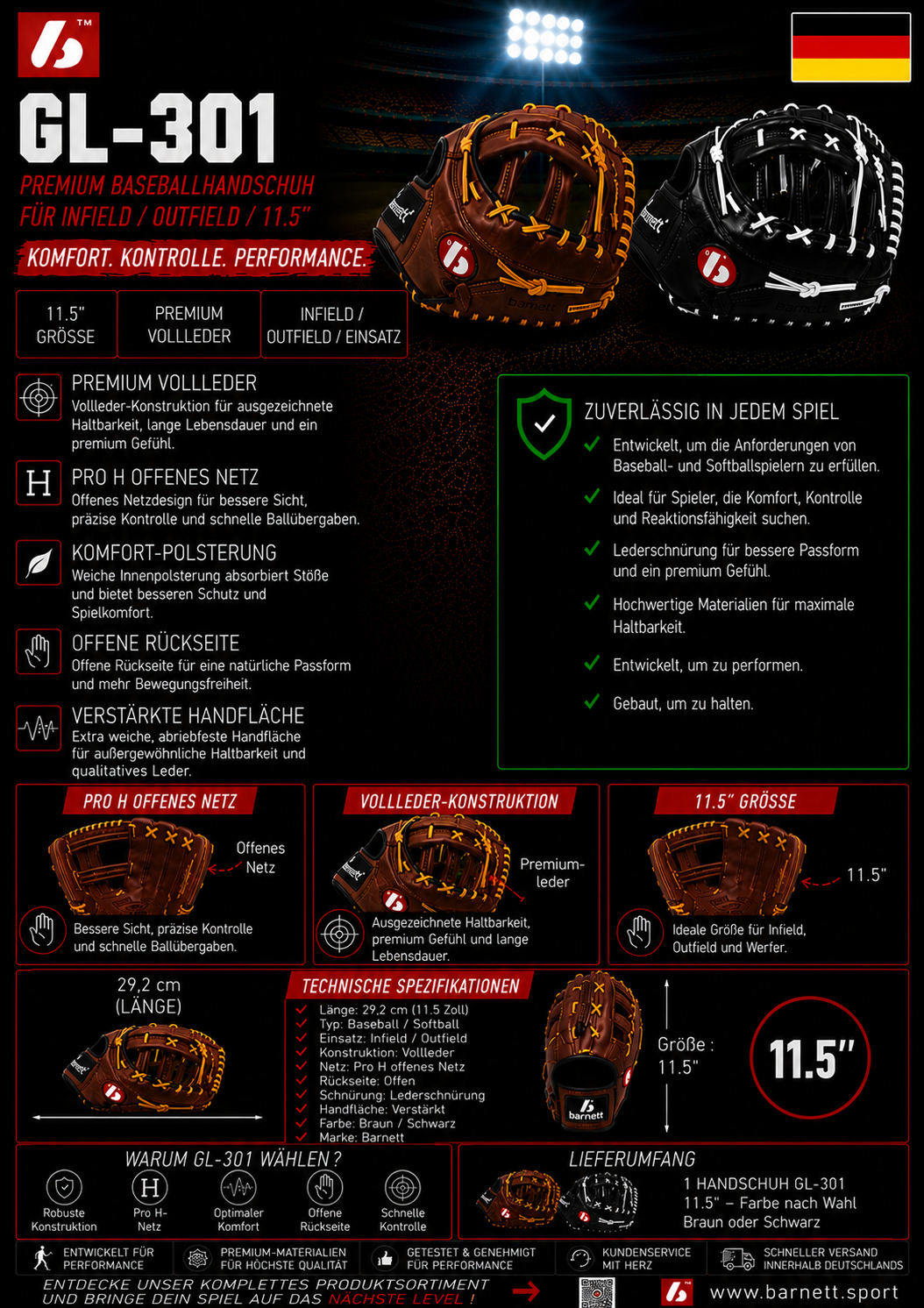Rękawice baseballowe GL-301 First Base dla dorosłych, skóra naturalna, zawody, kolor czarny