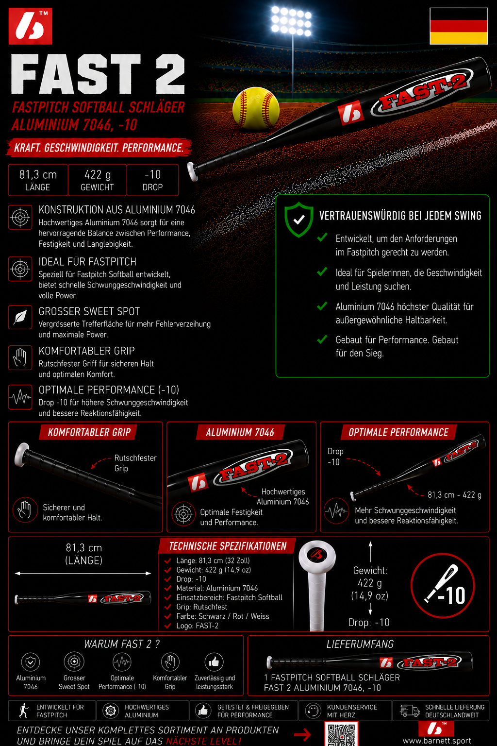 FAST 2 Softballschläger FASTPITCH Aluminium 7046, -10
