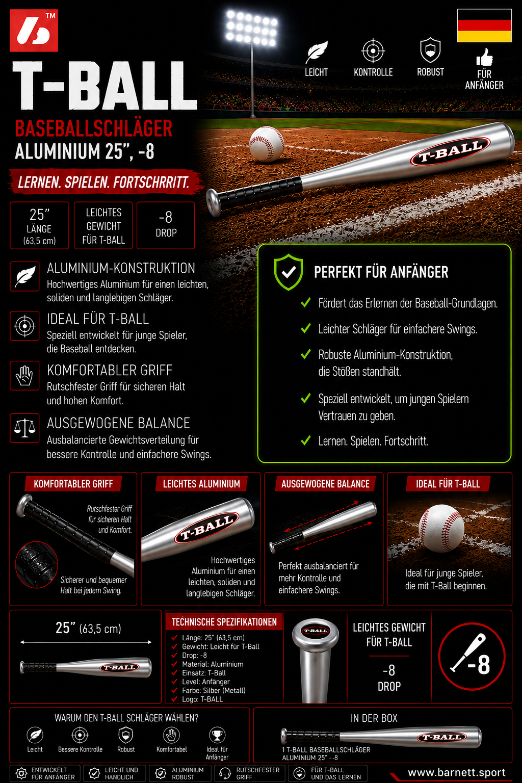 T-BALL Baseballschläger, Alu, Gr 25 (71,12 cm), Farbe silbergrau