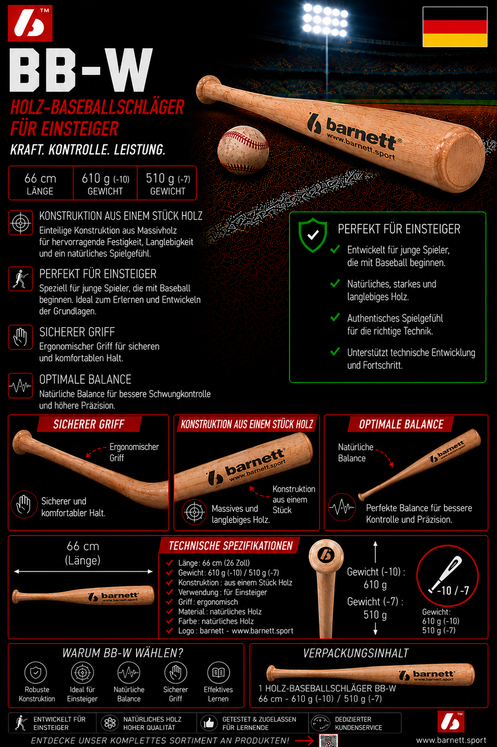 Drewniany kij baseballowy BB-W dla początkujących – 7/10