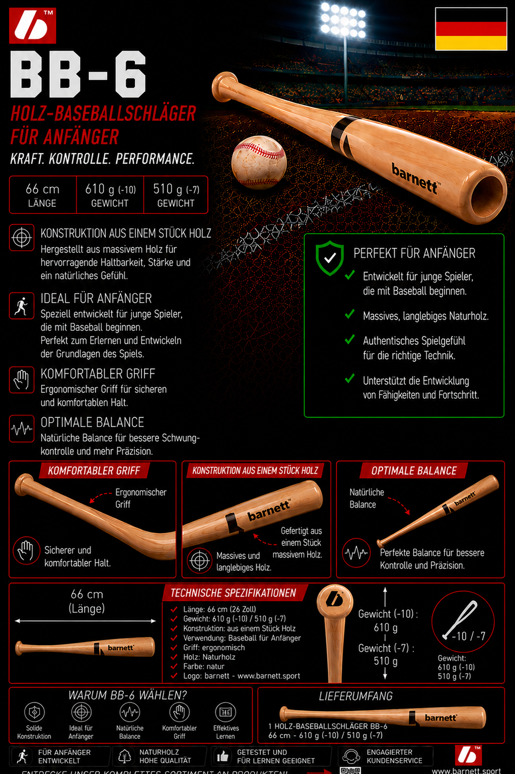 BB-6 Profi Baseballschläger, Modell 210 -4, Ahornholz hoher Qualität