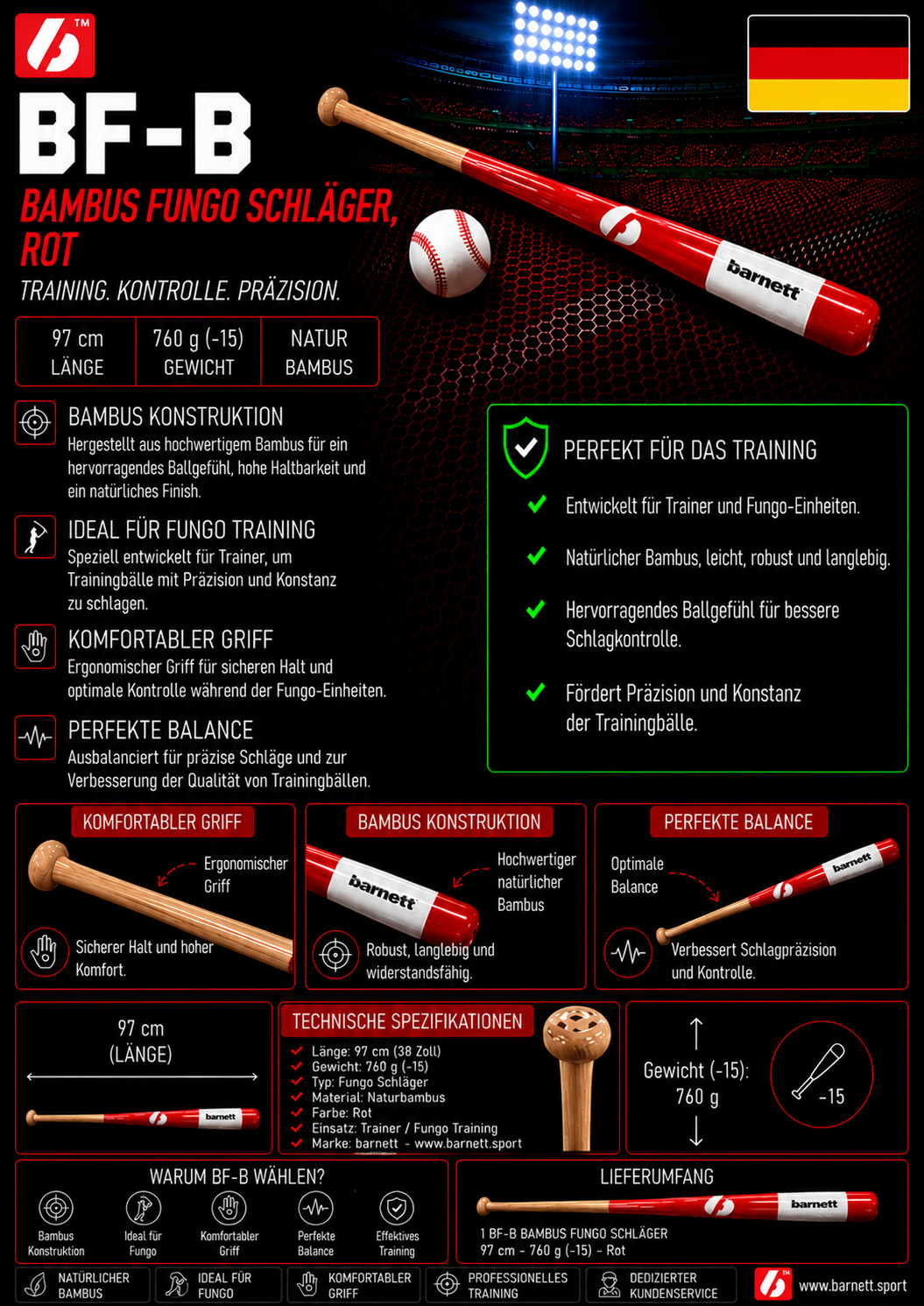 Drewniany kij baseballowy BF-B Fungo, rozmiar 35" (88,9 cm)