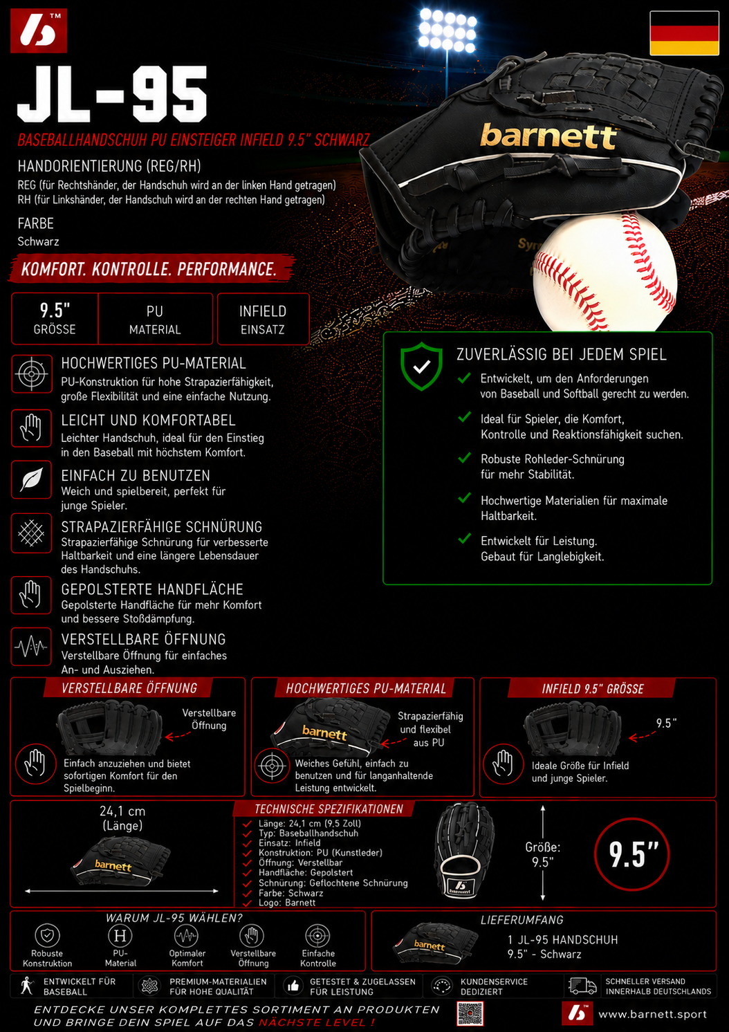 baseball handschuh größe JL-95 Handschuh, Anfänger, Polyurethan, Infield , 9,5(i – barnettdeutschland Schießstil:3-Under Lenkergriffe für Kinderfahrrad mit Agu Heren regenjassen