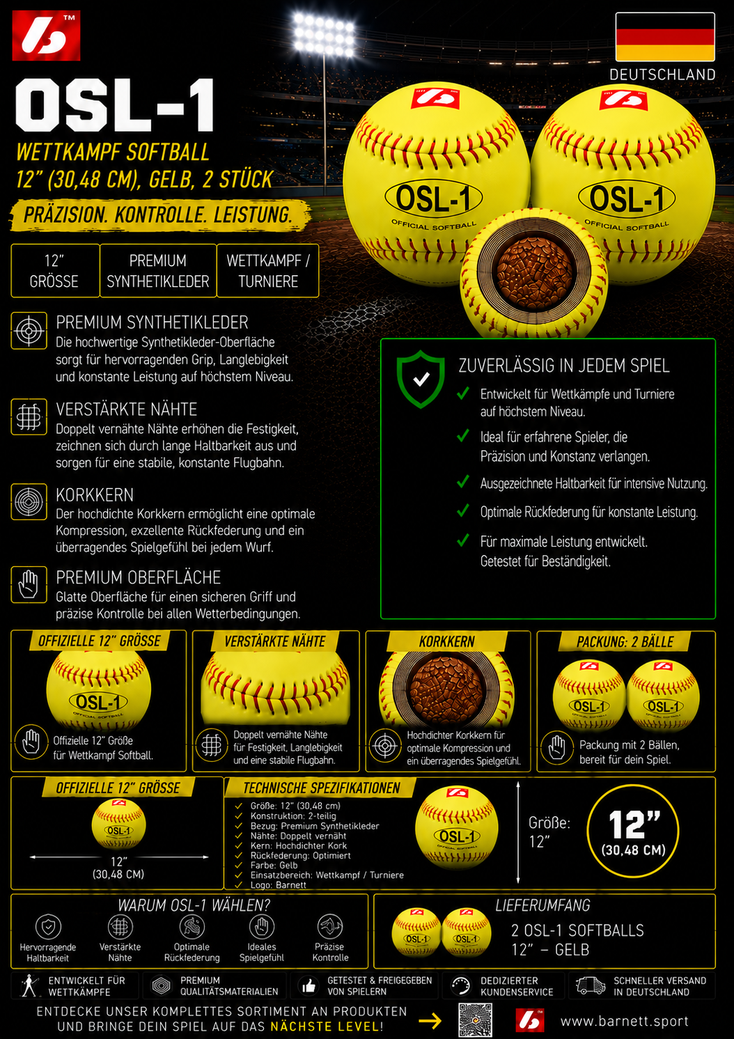 OSL-1 Softball Ball Wettkampf, Größe 12", Farbe fluo gelb, 2 Stück