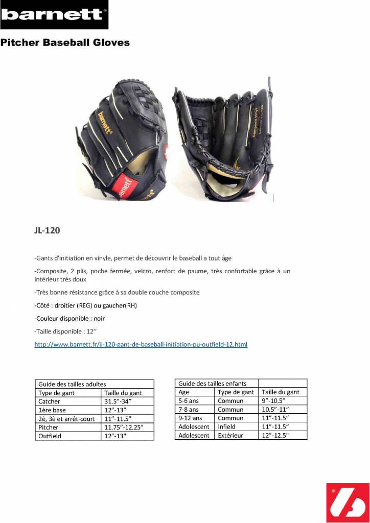 JL-120 Baseballhandschuh, Außenfeld, Polyurethan, Größe 12'', schwarz